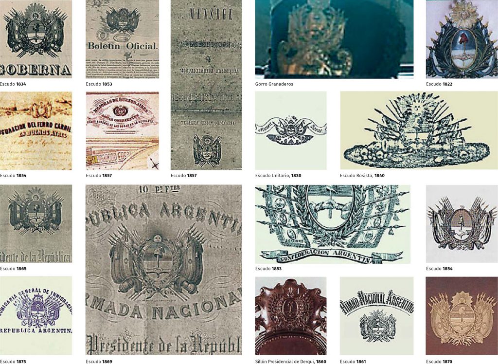 Algunos de los doscientos cincuenta escudos relevados, producidos de 1813 a la fecha.